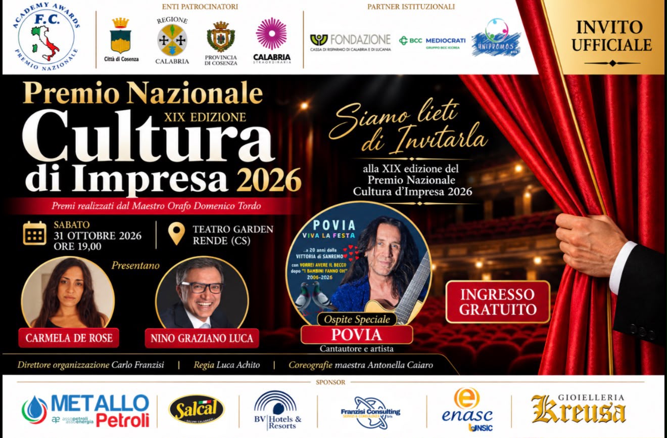 Invito ufficiale XIX Premio Nazionale Cultura d'Impresa 2026, 31 ottobre al Teatro Garden di Rende