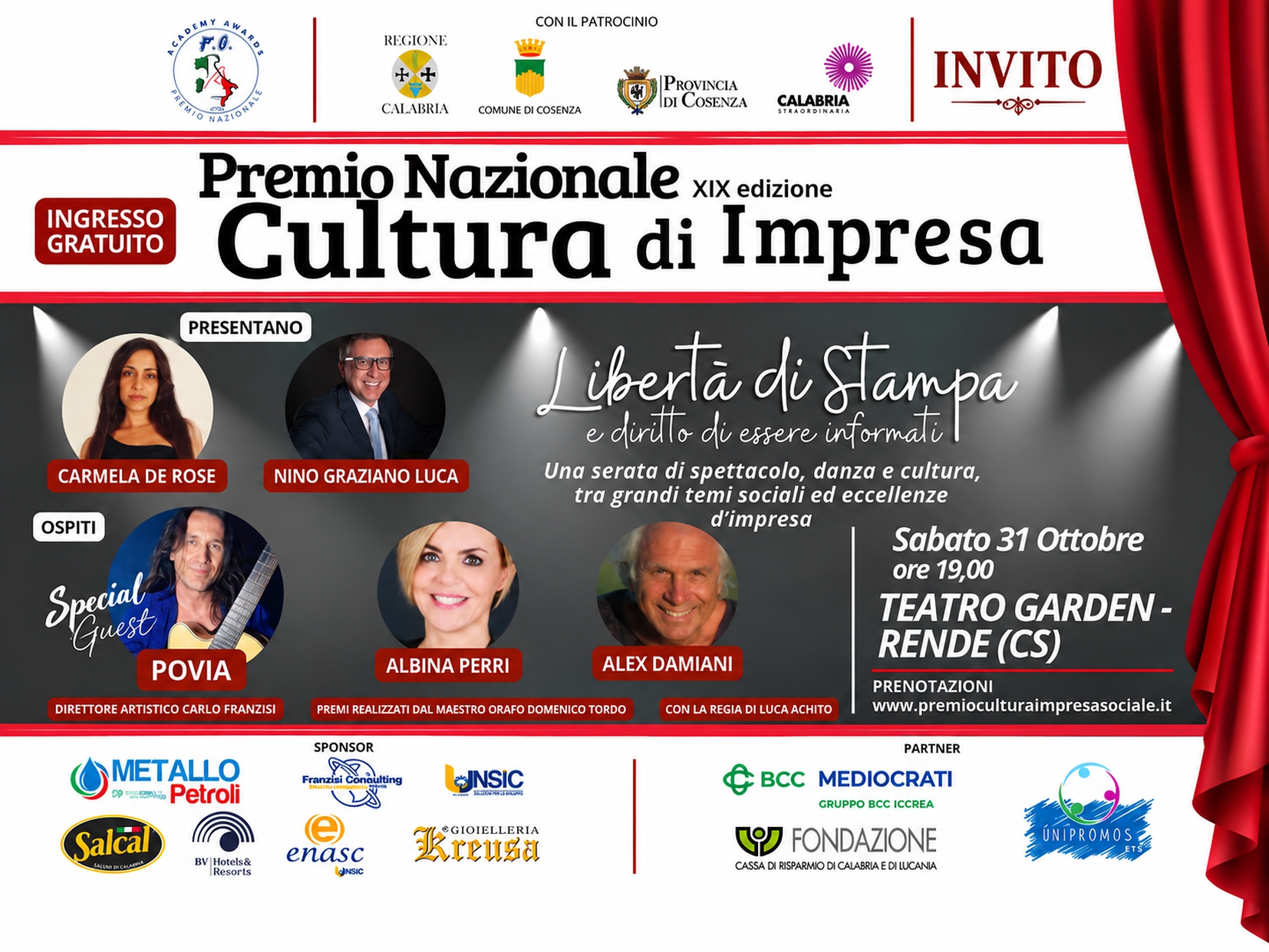Invito ufficiale XIX Premio Nazionale Cultura d'Impresa 2026, 31 ottobre al Teatro Garden di Rende